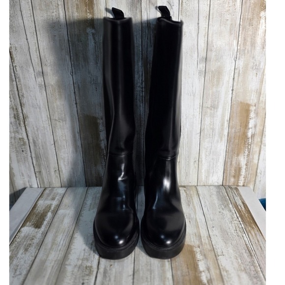 H&M Black Faux Leather Knee High Boots Chunky Sole Elastic Panel Size 38 - Picture 2 of 9